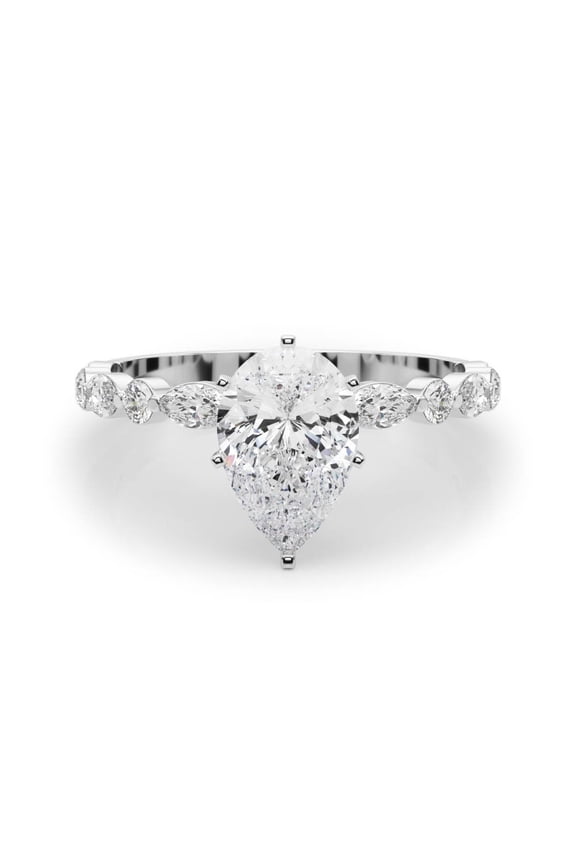 14K White Gold Plated Pear Cut 2.34 Ct Engagement Ring for Women - Lab-Created Simulated Diamond Wedding Multi-Stone Band - Stylish & Classic Ring for Wedding and Anniversary Occasions