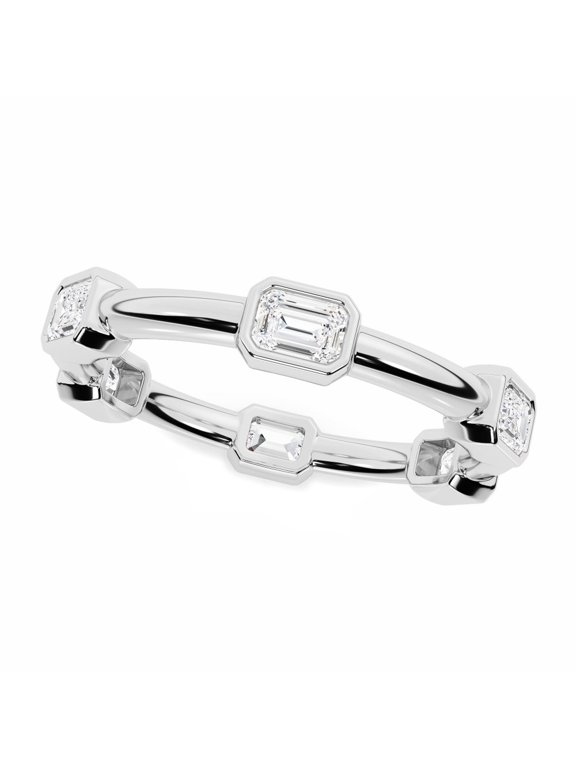 14K White Gold Plated Ring - Emerald Cut Engagement Ring for Women's - 1.7 Ct Diamond Full Eternity Bezel Setting Ring for Women - Lab-Created Simulated Diamond - Minimalist Wedding Band