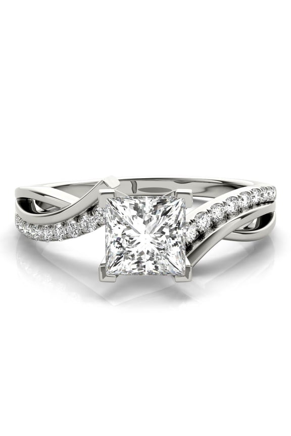 2.02 Ct Princess Cut Diamond Solitaire Ring - Bypass Swirl Design - Lab-Created Simulated Diamond - 14K White Gold Plated - Elegant Women Diamond Ring for Birthday - Perfect for Proposal