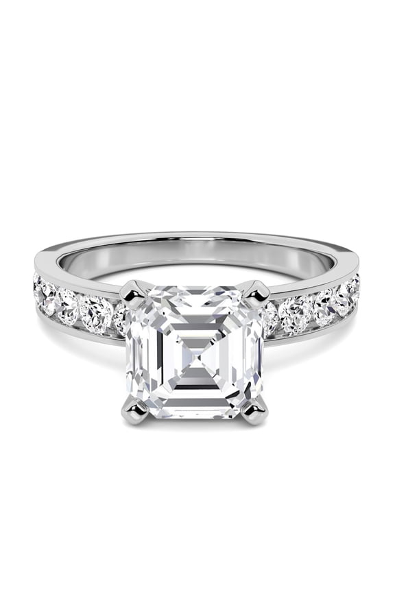 2.13 Ct Asscher Cut Solitaire Engagement Ring - 14K White Gold Plated - Lab-Created Simulated Diamond with Accent - Eternity Bezel Setting - Stackable Bridal & Wedding Ring for Women
