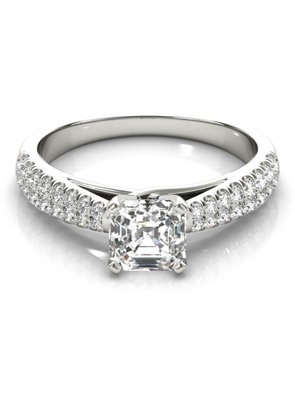 2.13 Ct Asscher Cut Solitaire Engagement Ring for Women's - Classic Solitaire with Lab-Created Simulated Diamond Accent - 14K White Gold Plated - Prong Setting Wedding Jewelry for Her