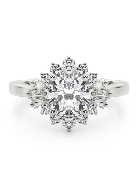 2.13 Ct Cushion Cut Diamond Floral Halo Engagement Rings for Her - Lab-Created Simulated Diamond in 14K White Gold Plated - Sunburst Wedding Ring for Women - Prong Setting Anniversary Gift