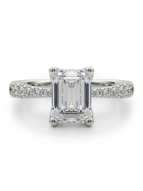 2.24 Ct Emerald Cut Diamond Solitaire with Accent Ring - 14K White Gold Plated Lab-Created Simulated Diamond Engagement Ring for Women - Prong Setting - Ideal Gift for Wedding & Proposals