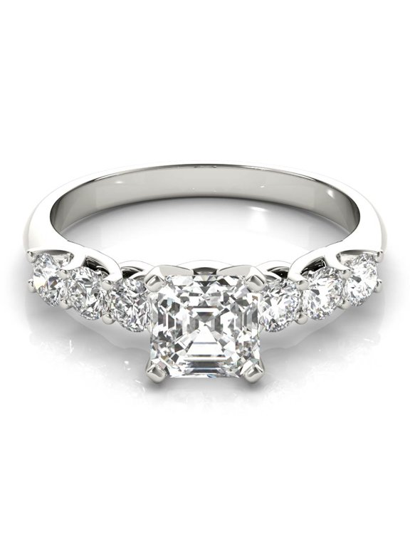 2 Ct Asscher Cut Solitaire with Accent Lab-Created Simulated Diamond Seven Stone Split Shank Ring 14K White Gold Plated