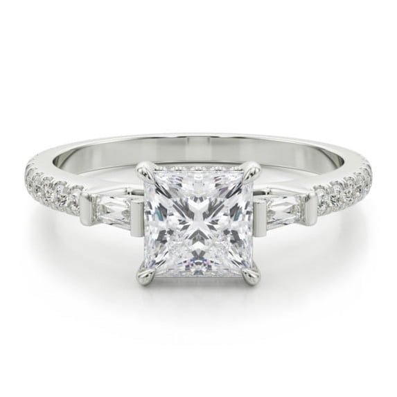 Lina Jewelry 14K White Gold Plated 1.81 Ct Princess Cut Engagement Trilogy Rings - Hidden Halo Cathedral Shank Moissanite Rings - Unique 3 Stone Proposal Rings - Beautiful Eternity Bands