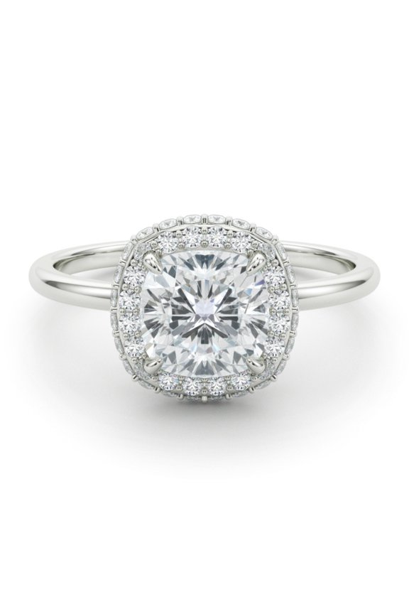 ry 2.02 Ct Excellent Cushion Cut Halo Moissanite Ring for Her - Hidden Halo Solitaire with Accent Moissanite - Engagement Wedding Ring - Moissanite - 14K White Gold Plated Rings for Her