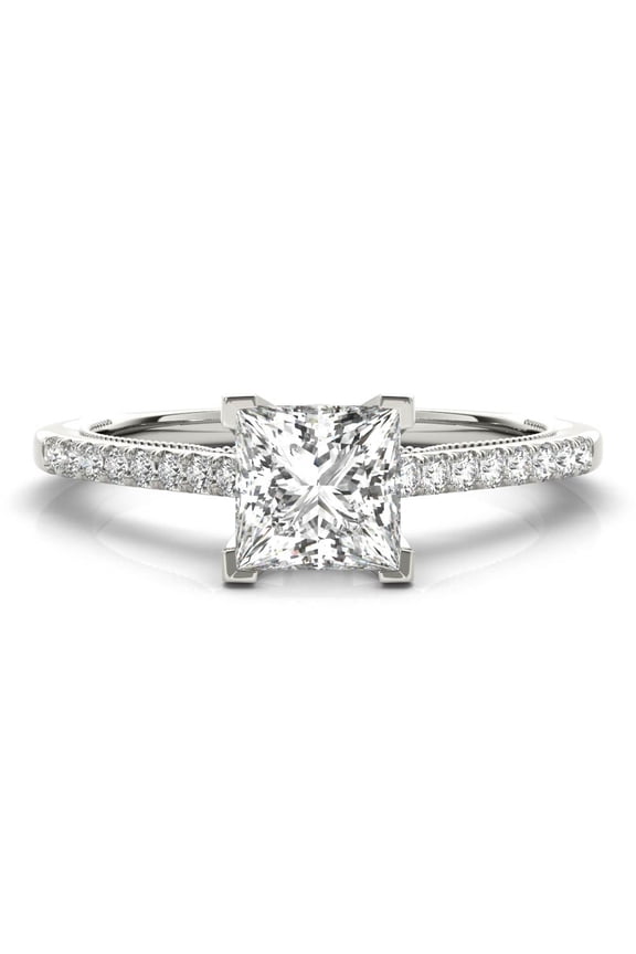 ry Excellent Princess Cut Moissanite Solitaire Ring - 1.92 Ct Moissanite with Accent Stones - 14K White Gold Plated - Elegant Eternity Band - Proposal & Promise Ring for Her