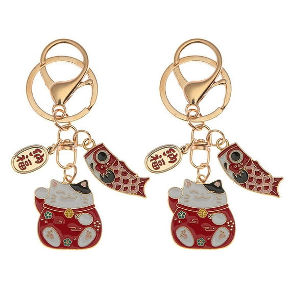 Linaichen Fortune Cat Keychain 2pcs Japanese Lucky Cat Keychains - Red