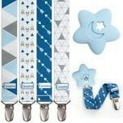Liname 4 Pack Pacifier Clip for Boys & Girls withTeething Toy - Baby Gift - for Soothers (Blue, Metal Clip)