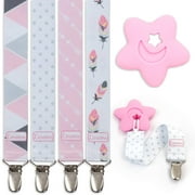 Liname Girls Pacifier Clip with Teething Toy, Pink (4 Pack)