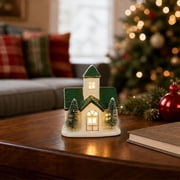 Linargent Christmas Light Up Ceramic Snow House Ornament, Led Lighted Green Roof Winter Snow Covered Hut Tabletop Decor for Mantel Shelf Window Xmas Holiday Layout