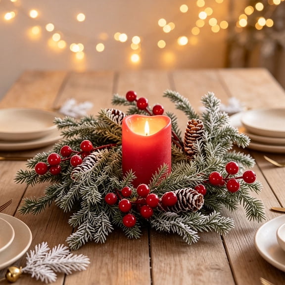 Linargent Christmas Pinecone Candle Wreath Evergreen Berry Candle Holder Ring for Holiday Table Centerpiece Decor