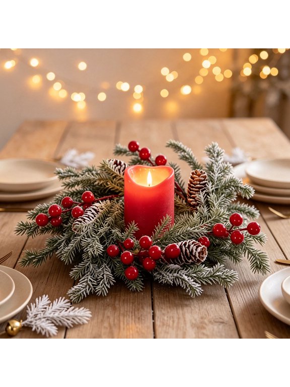 Christmas Pinecone Candle Wreath Evergreen Berry Candle Holder Ring for Holiday Table Centerpiece Decor