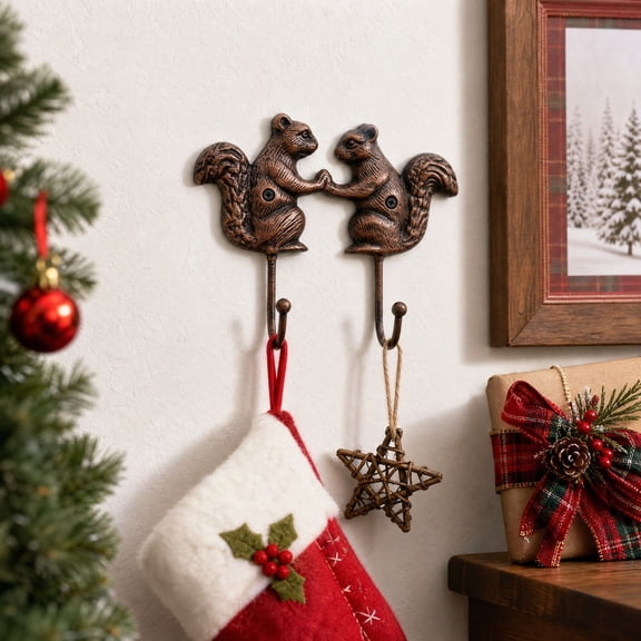 Linargent Christmas Squirrel Metal Wall Hook Decorative Hanging Rack, Rustic Entryway Hook for Towel Hat Key Scarf Stocking Bathroom Home Decor & Gift, Brown