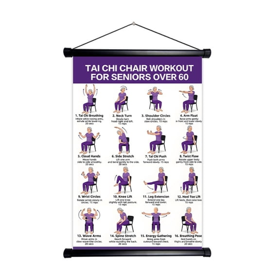 Linargent Tai Chi Chair Workout Chart 15.7x9.4in Seated Exercise Poster for Seniors Over 60 Home Gym Wall Hanging