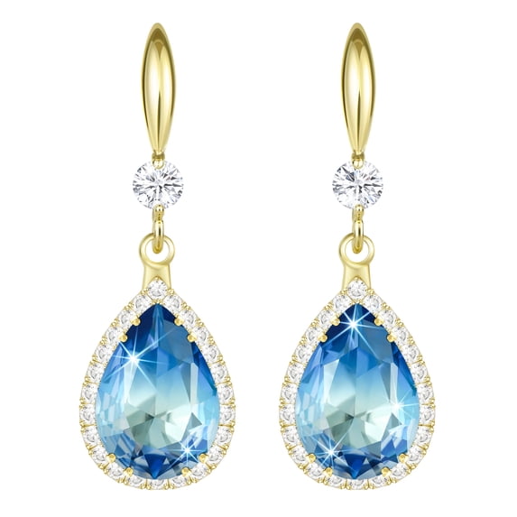 Linawe 14K Gold Plated Blue Earrings for Women Trendy, Dangle Imitation Diamond Wedding Earrings, Drop Chandelier Rhinestone Cubic Zirconia Crystal Teardrop Earrings, Aquamarine Set