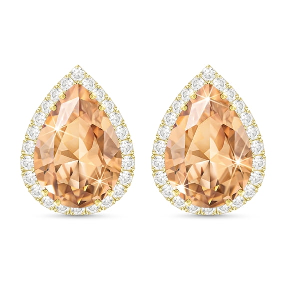 Linawe 14K Gold Plated Champagne Orange Rhinestone Stud Earrings for Women, CZ Cubic Zirconia Birthstone Tear Drop Earrings Stud, Birthstone Pear Shaped Formal Earrings for Evening Wear
