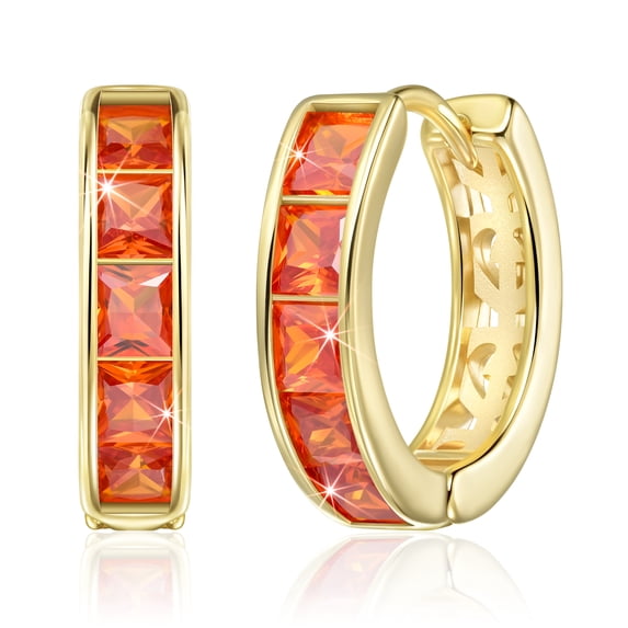 Linawe 14K Gold Plated Hoop Huggie Earrings for Women, Orange Cubic Zirconia Fake Diamond Rhinestone Crystal Stud Earrings, Cartilage Helix Tragus Piercing Jewelry, Cute Dainty Small Hoops