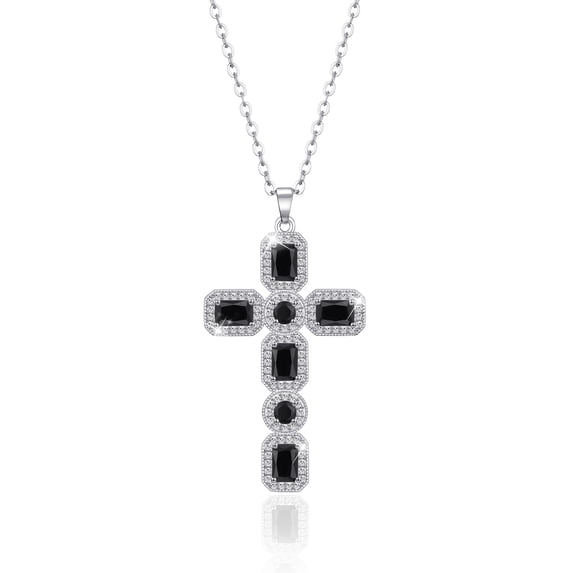 Linawe Black Cross Charm Necklace for Women, Silver Jewelry Choker Pendant Chain Necklace, Crystal Imitation Diamond Birthstone Cubic Zirconia Necklace, Birthday Catholic Gifts