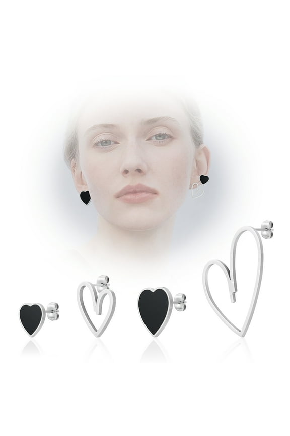 Black Heart Silver Stud Earrings Set for Women Trendy, Hypoallergenic Titanium Stainless Steel Mismatched Cartilage Tragus Piercing, Gift for Her Anniversary Valentine's Day