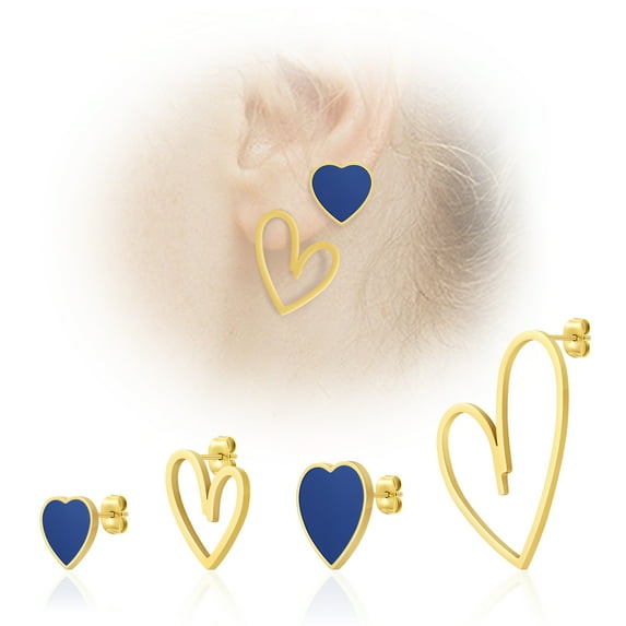 Linawe Blue Mismatched Heart Earrings for Women Trendy, Gold Stud Earring Sets, Hypoallergenic Titanium Stainless Steel Cartilage Earring, Gift Anniversary Valentines Day Birthday