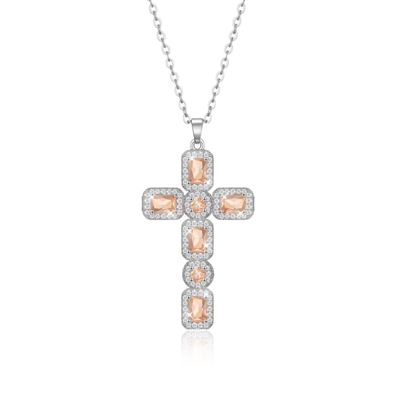 Linawe Champagne Cross Charm Necklace for Women Trendy, Silver Chain Cross Pendant Necklace, Moissanite Crystal Imitation Diamond Birthstone Cute Jewelry, Catholic Religious Gifts Mom