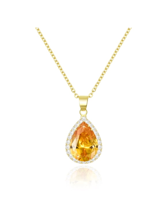 Citrine Yellow Crystal 14K Gold Plated Chain Necklace for Women, Imitation Diamond Pendant Preppy Necklace, Cubic Zirconia Rhinestone Teardrop Boho Vintage Jewelry Set