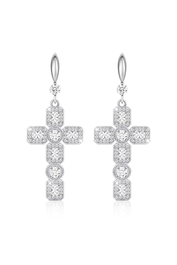 Diamond Silver Cross Earrings for Women, Hypoallergenic Rhinestone Dangle Earrings, Cubic Zirconia Sparkly Stone Dangling Drop Earrings, Cross Costume Earrings