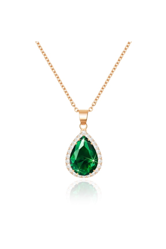 Emerald Crystal Chain Necklace for Women Trendy Rose Gold, Green Imitation Diamond Pendant Cubic Zirconia Birthstone Rhinestone Teardrop, Preppy Boho Jewelry
