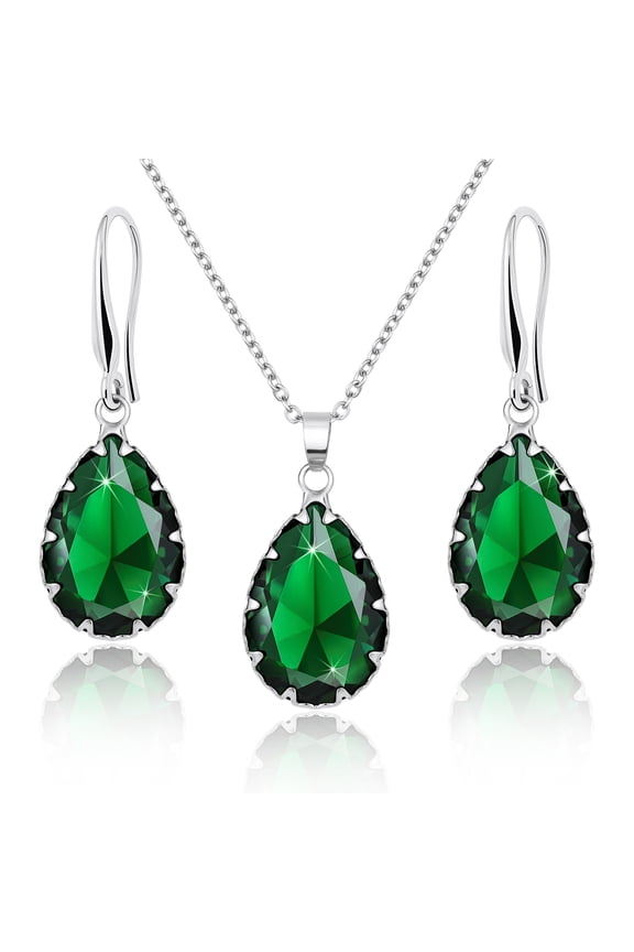 Emerald Crystal Imitation Diamond Jewelry Sets for Women, Silver Pendant Matching Necklace Set, Green Drop Dangle Earrings Set, Boho Rhinestone Teardrop Jewelry Wedding Bridal Bridesmaid
