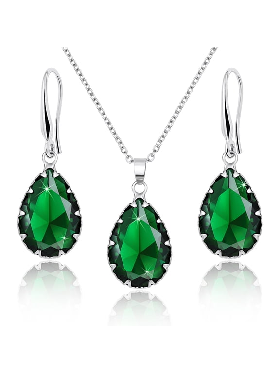 Emerald Crystal Imitation Diamond Jewelry Sets for Women, Silver Pendant Matching Necklace Set, Green Drop Dangle Earrings Set, Boho Rhinestone Teardrop Jewelry Wedding Bridal Bridesmaid