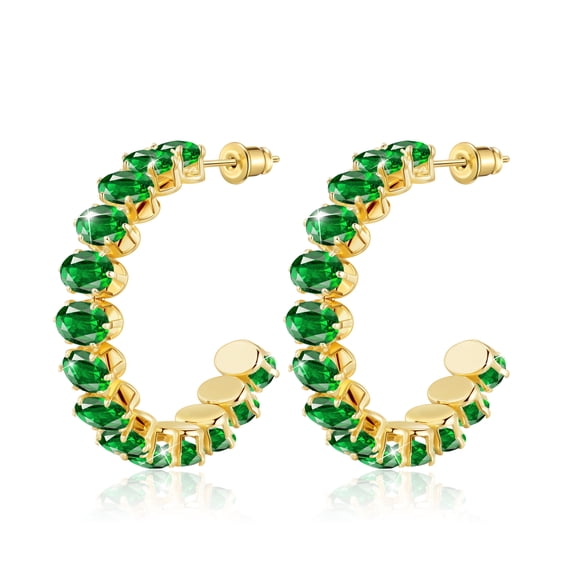 Linawe Emerald Green Chunky Gold Plated Hoop Earrings for Women, Hypoallergenic Half Hoop Huggie Earrings, Thick Large Hoop Birthstone Earrings Cubic Zirconia Imitation Diamond Crystal