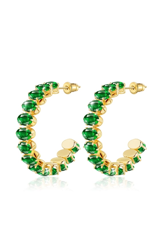 Emerald Green Chunky Gold Plated Hoop Earrings for Women, Hypoallergenic Half Hoop Huggie Earrings, Thick Large Hoop Birthstone Earrings Cubic Zirconia Imitation Diamond Crystal