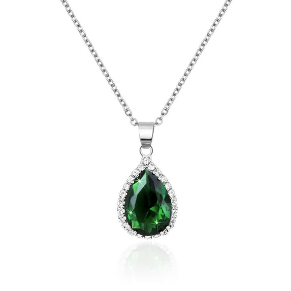 Linawe Emerald Green Crystal Silver Necklace for Women Trendy, Diamond Pendant Chain Necklace, Cubic Zirconia Birthstone Rhinestone Teardrop Boho Beach Jewelry Set