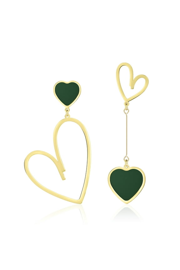 Emerald Green Heart Earrings for Women Trendy, Gold Hypoallergenic Stainless Steel Dangle Earrings, Asymmetrical Cute Earrings Dangling, Anniversary Birthday Valentines Day