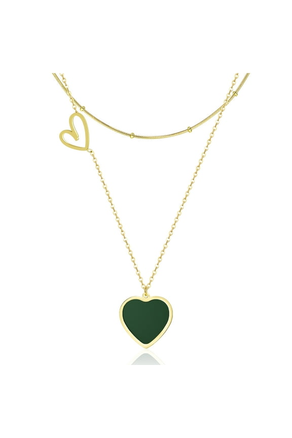 Emerald Green Heart Necklace for Women Trendy, Gold Layered Layering Choker Pendant Necklace Set, Stainless Steel Preppy Cute Aesthetic Stuff, Gift Valentine Day Anniversary