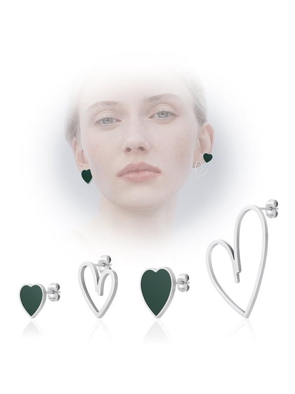 Emerald Green Silver Heart Stud Earrings for Women, Hypoallergenic Stainless Steel White Gold Earrings Set for Multiple Piercing Cartilage Tragus Jewelry, Gift for Her