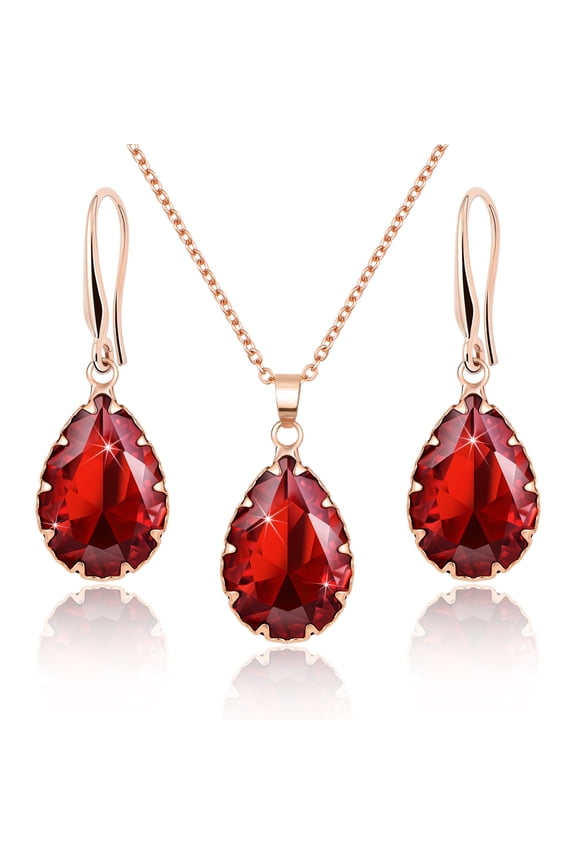 Garnet Ruby Crystal Wedding Jewelry Sets Rose Imitation Gold Plated, Diamond Pendant Necklace Set, Drop Dangle Red Earring Set, Teardrop Rhinestone Fake Birthstone Matching Jewelry for Women