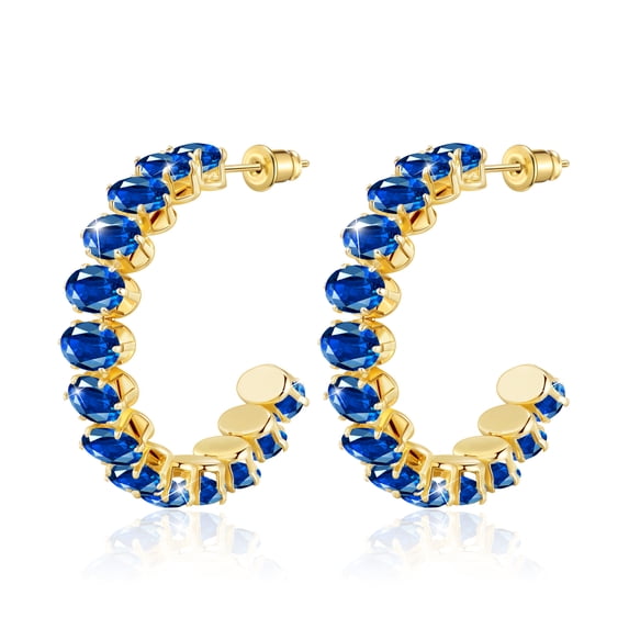 Linawe Gold Plated Chunky Hoop Earrings for Women, Lab Created Sapphire Blue Huggie Earrings, Cubic Zirconia Rhinestone Crystal Imitation Diamond Birthstone Half Hoop Earrings