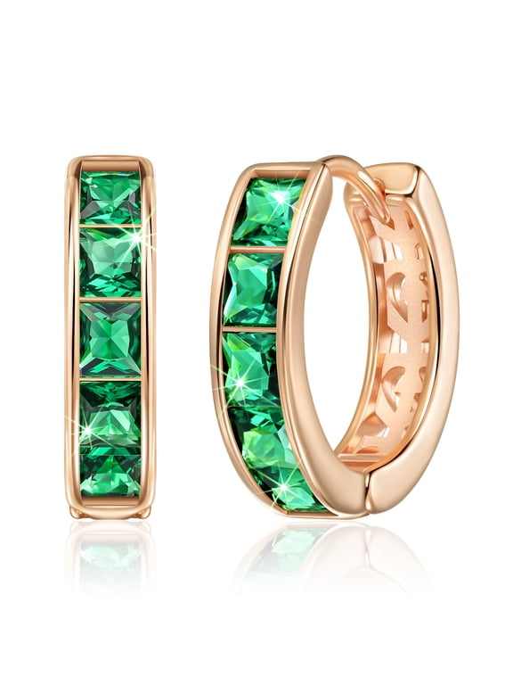 Green Small Hoop Earrings, Rose Gold Huggie Earrings for Women Trendy, Cubic Zirconia Earrings Stud, Piercing Jewelry, Cartilage Mini Hoop, Emerald Earrings Flat Back