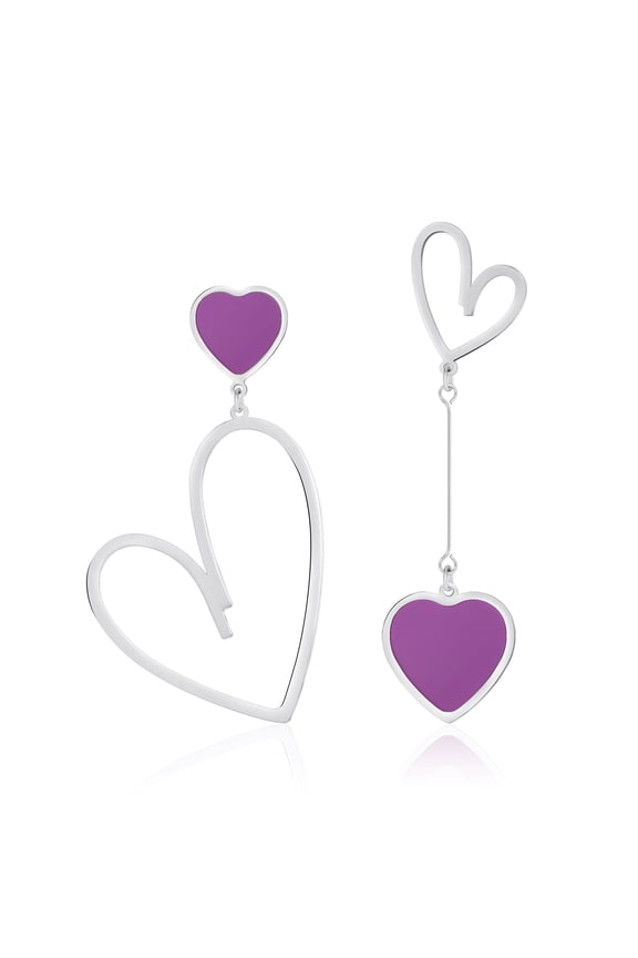 Silver Heart Earrings for Women, Titanium Stainless Steel Purple Dangle Earrings, Statement Cute Fun Drop Earrings, Asymmetrical Mismatched Dangling Earrings Heart Jewelry