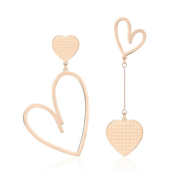 Linawe Rose Gold Heart Dangle Earrings for Women, Titanium Stainless Steel Hypoallergenic Drop Earrings Dangling, Asymmetrical Mismatched Big Heart Jewelry Cute Fun Love Earrings