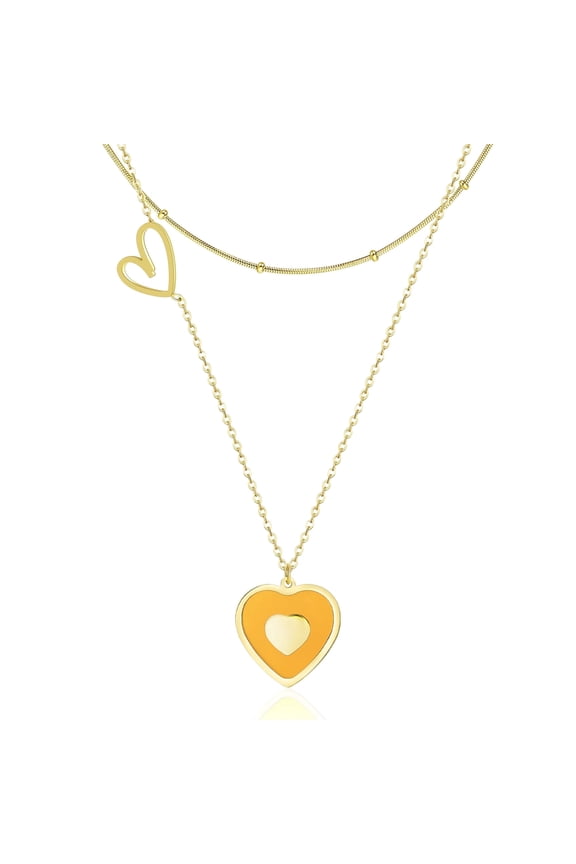 Heart Necklace for Women, Yellow Preppy y2k Necklace, 14K Gold Plated Choker Pendant Layered Necklace, Long Lover Necklace, Double Heart Jewelry