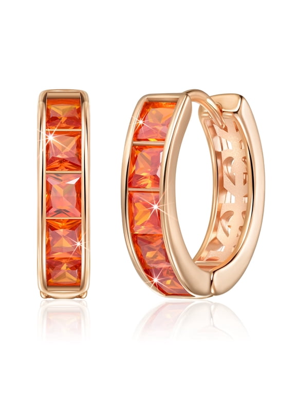 Hoop Huggie Earrings for Women, Rose Gold Plated Cartilage Helix Tragus Piercing Jewelry, Orange Cubic Zirconia Imitation Diamond Rhinestone Crystal Stud Earrings Dainty Small Hoops