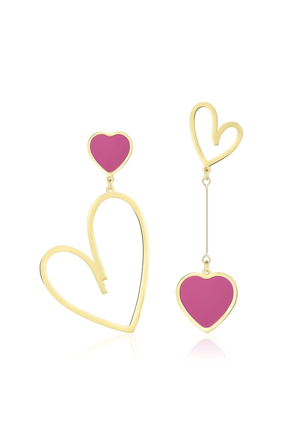 Hot Pink Heart Earrings for Women, Gold Plated Dangle Drop Earrings, Titanium Surgical Steel Hypoallergenic Asymmetrical Earrings, Cute Fun Dangling Earrings Big Heart Jewelry
