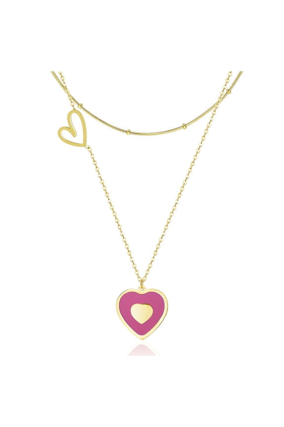 Hot Pink Heart Layered Necklace for Women, 14K Gold Stainless Steel Pendant Choker Layering Necklace Set, Preppy Y2K Jewelry, Gift for Her Valentines Day Anniversary