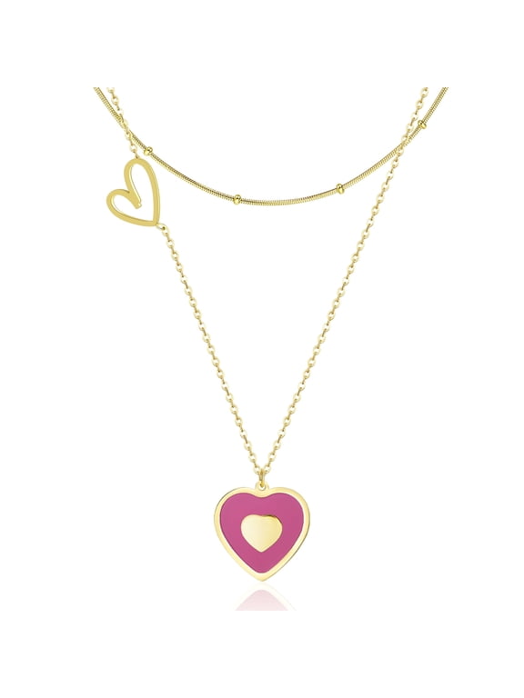 Hot Pink Heart Layered Necklace for Women, 14K Gold Stainless Steel Pendant Choker Layering Necklace Set, Preppy Y2K Jewelry, Gift for Her Valentines Day Anniversary