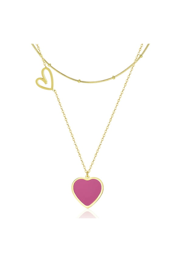 Hot Pink Heart Layered Necklaces for Women Trendy, 14K Gold Stainless Steel Pendant Choker Layering Necklace Set, Preppy Cute Y2K Jewelry, Gift Valentines Day Anniversary