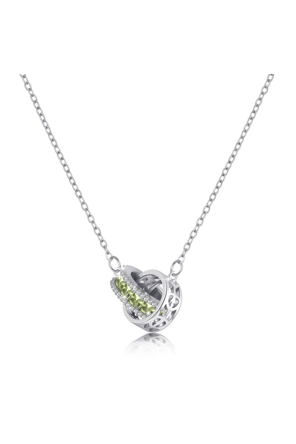 Interlocking Circle Pendant Peridot Green Moissanite Silver Necklace for Women, Diamond Crystal Rhinestone Birthstone Cubic Zirconia Necklaces, Stainless Steel Chain