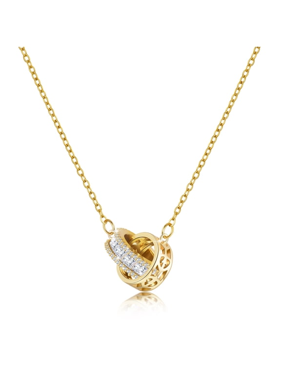 Interlocking Double Circle Pendant Necklace for Women, 14K Gold Plated Hypoallergenic Stainless Steel Chain Dainty Necklaces, Moissanite Imitation Diamond Crystal Rhinestone Birthstone Jewelry